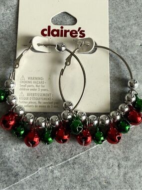 claire's silver hoop earrings with red & green jingle bells